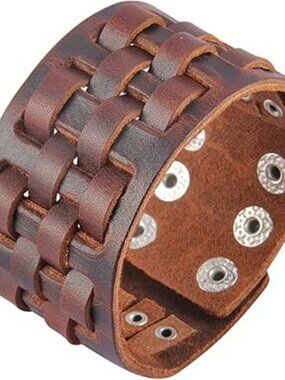 NEW Mens Leather Wristband Bracelet Handmade Wide Cuff Bangle Braided Adjustable